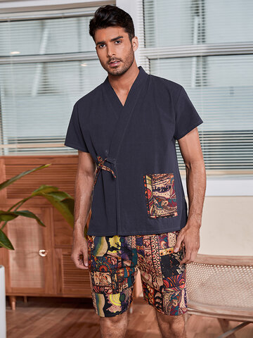 Кимоно с v-образным вырезом и винтажным принтом, короткая пижама
