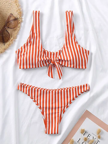 Women Striped Knotted Wide Shoulder Straps Wireless Beach Bikini 