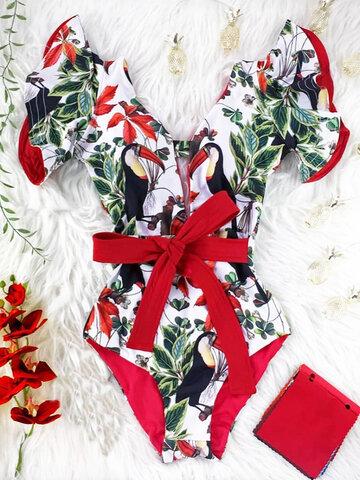 Floral Plunge Ruffle Sleeve Belted One Piece