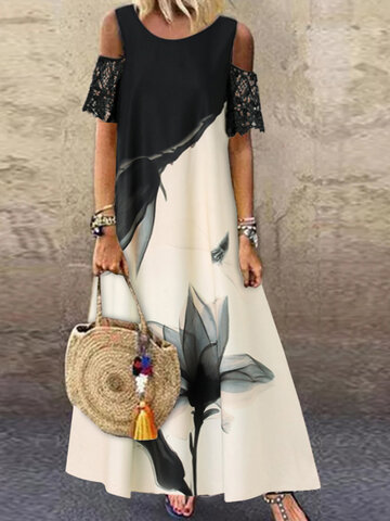 Цветочное кружево с открытыми плечами Макси Платье