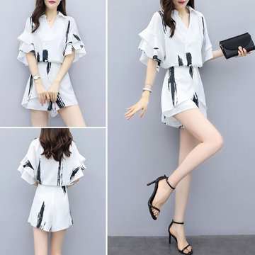 

Season New Style Two-piece Casual Loose Fungus Sleeves Chiffon Wide-leg Shorts Suit Female Was Thin Tide