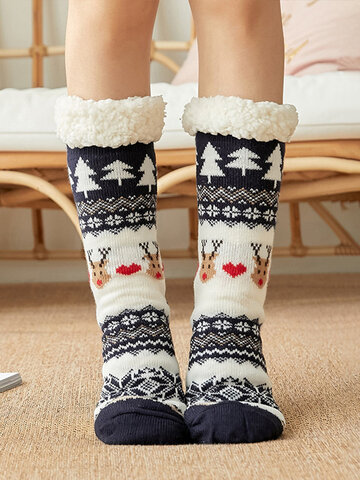 Women Christmas Santa Claus Elk Sock Plus Velvet Floor Socks