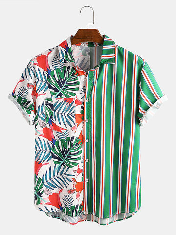 Tropical Print Striped Patchwork Shirt