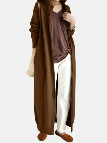 Casual Solid Color Pockets Front Zipper Hooded Long Jacket Dress 
