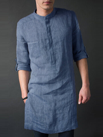 Linen Solid Color Mid-long Henley Shirts