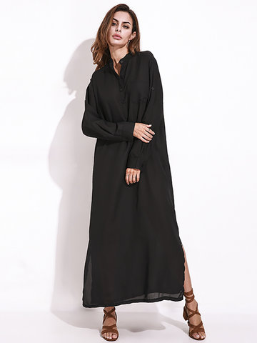 

Stand Collar Button Maxi Shirt Dres, Wine red black