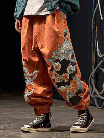 Chinese Style Floral Print Pants