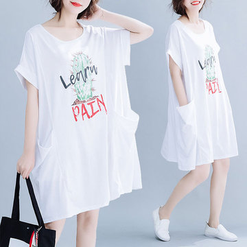 

Literary Large Size Women's Original Plant Print Dress Season New Loose Collage Pocket T-shirt Skirt