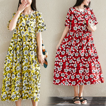 

Large Size Women's National Wind Cotton Print Dress Season New Retro Short-sleeved Dress