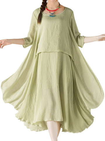 

O-NEWE Elegant Solid 3/4 Sleeve Ruffled Irregular Dress For Women, White pink green