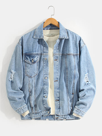 Mens Ripped Button Front Lapel Cotton Outdoor Stylish Denim Jacket With Pocket