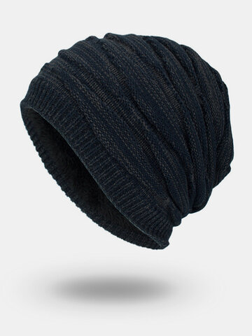 Men Winter Plus Velvet Plain Color Knitted Warm Beanie Hat