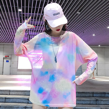 

Thin Section Sun Protection Clothing European Station European Goods New Rainbow Hip Hop Bf Wind Long Section Long Sleeve T-shirt Female Tide