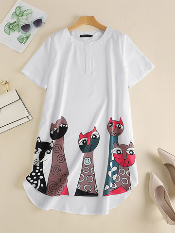 Cartoon Cat Print Pocket Dress