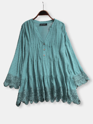 Lace Pleated V-neck Blouse