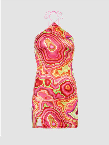 Tie-dye Sleeveless Backless Slide Slit Dress