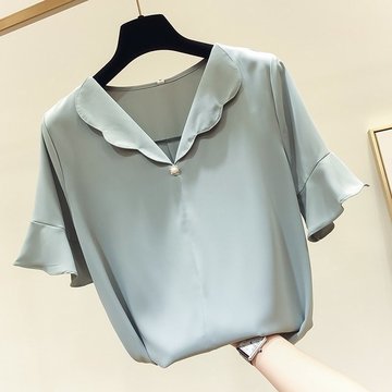 

Season New Korean Temperament Was Thin Solid Color Petal Lapel Beaded Short-sleeved Chiffon Shirt Female Thin Shirt