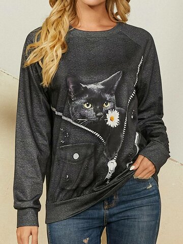 Black Cat Flower Print O-neck Sweatshirt