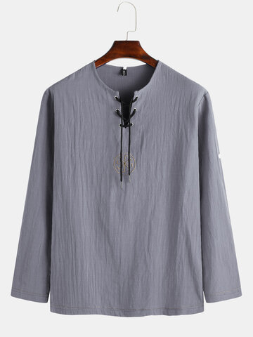 Embroidery Pattern Plain Lace up Henley Shirt