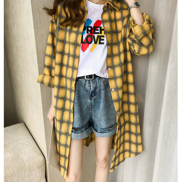 

Hong Kong-flavored Loose Bf Plaid Shirt Female Long-sleeved Thin Section Sunscreen Clothing Jacket Long Section Chic Shirt