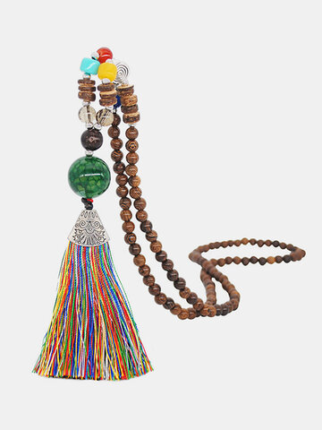 Buddha Wood Beads Long Necklace