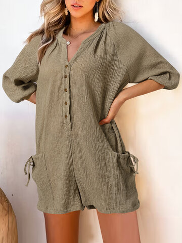 Solid Button Dual Pocket Romper