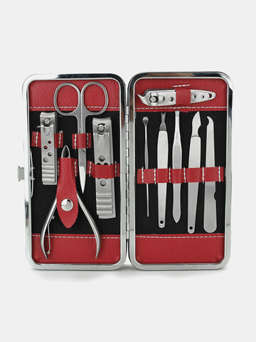 10 In 1 Stainless Steel Nail Clipper Set Manicure Pedicure Ear PickWith Red Case
