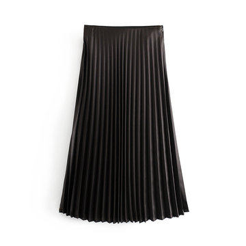 Single Spanish Za Women's Season New Casual Satin Black Pleated Skirt