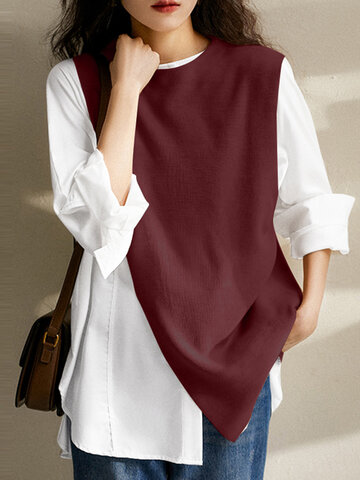 Contrast Patchwork Long Sleeve Crew Neck Casual Blouse
