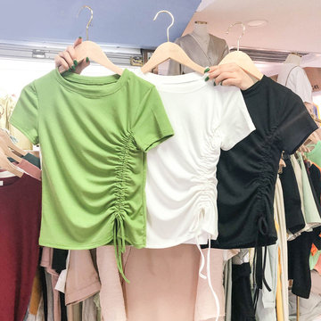 

New Product Irregular Design Sense Niche White Shirt Short Sleeve Drawstring Avocado Green T-shirt Female Tide