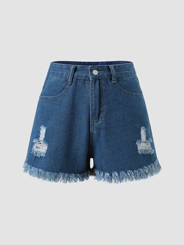 Frayed Hem Ripped High Waist Pocket Denim Shorts 