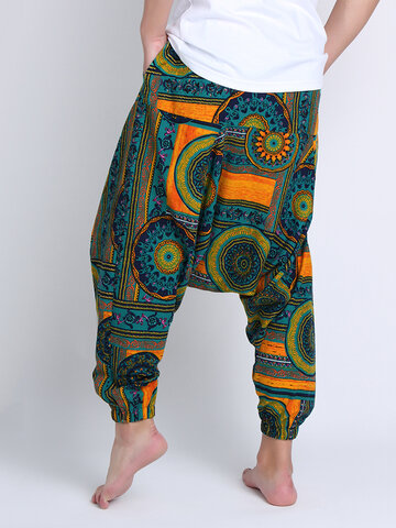Roisay Mens Elastic Fashion Casual Cotton and Linen Print Drawstring Long Pants Harem Trouser