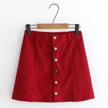 Solid color high waist button Corduroy  skirt