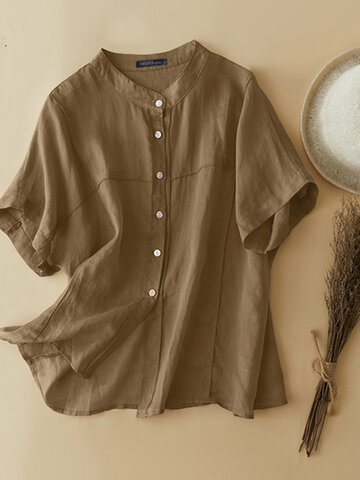 Solid Stand Collar Cotton Shirt