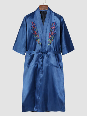 Floral Embroidered Chinese Style Belted Robes
