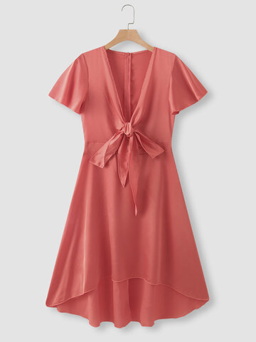 Einfarbig Tiefer V-Ausschnitt High-Low Kleid