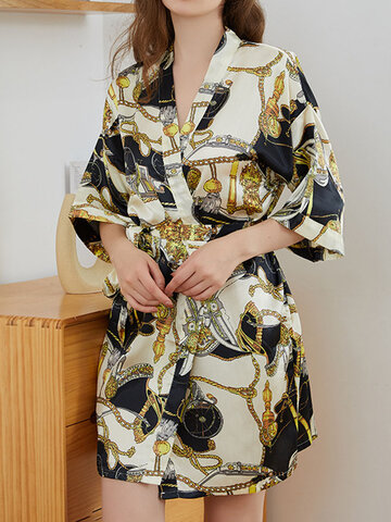 Faux Silk Chain Print Short Kimono
