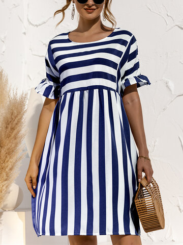 Ruffle Sleeve Stripe Pocket Dress