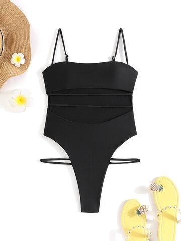 Solid Cut Out One Piece Swimwear