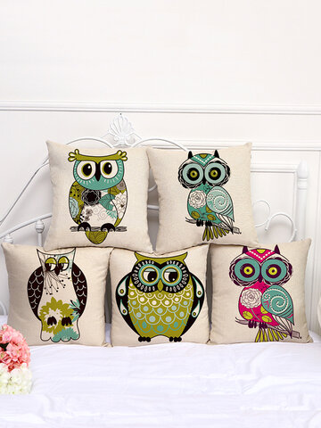 Cartoon Cute Owl Pattern Linen Cotton Cushion Cover