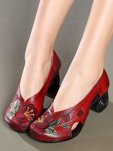 Flowers Embroidery Leather Hollow Pumps