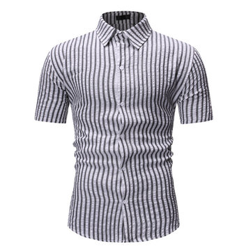 

Season New Men's Slim British Wind Striped Short-sleeved Shirt Men's European Code Lapel Short-sleeved T-shirt