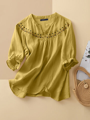 Solid Embroidery Half Sleeve Blouse