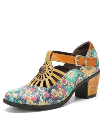 Socofy Retro Floral Leather T-strap Heels