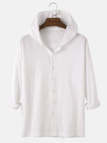 Solid Cotton Button Up Hooded Shirts