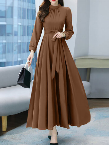 Solid Stand Collar Maxi Dress