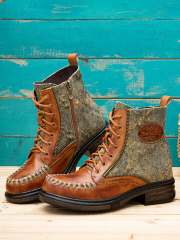 Socofy Genuine Leather Stitching Denim Combat Boots