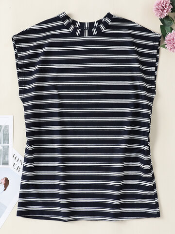 Stripe Print Cap Sleeve T-shirt