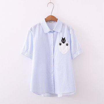 

Season New Japanese Small Fresh Cute Cat Embroidery Striped Wild Short-sleeved Shirt Student Shirt