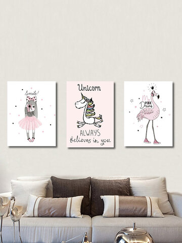 Художественные гравюры с изображением мультяшных девушек и фламинго с единорогами